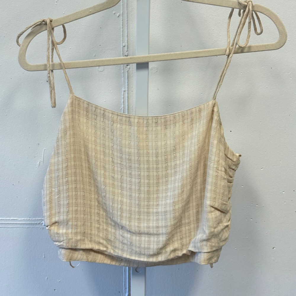 Amuse‎ Society Gauzy Plaid Tie Strap Crop Top Cream Tan Smocked Back Small Boho